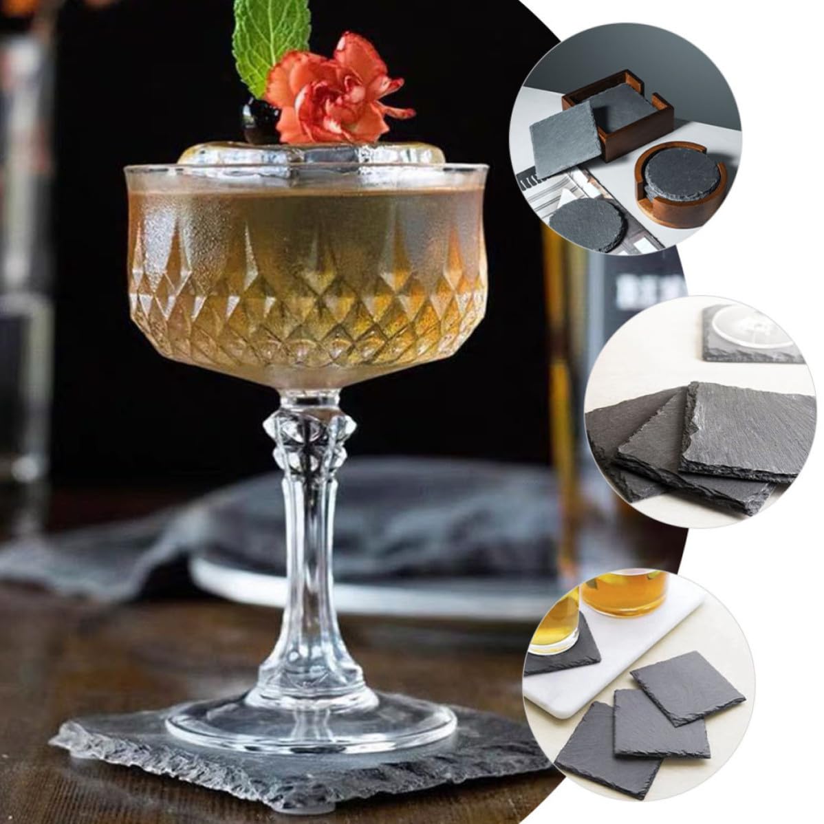 Black 12pcs Natural Stone Coaster Set G53425