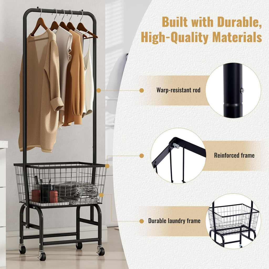 Black Rolling Laundry Cart with Hanging Rack U220