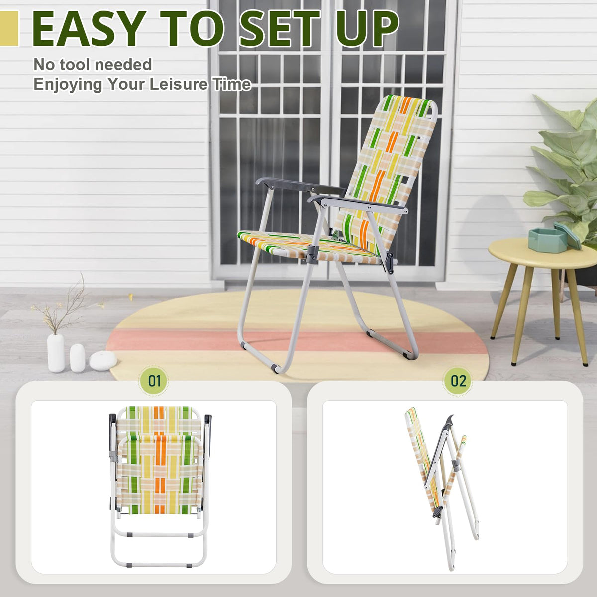 Set of 2 Webbed Folding Beach Chairs Yellow & Green S9444