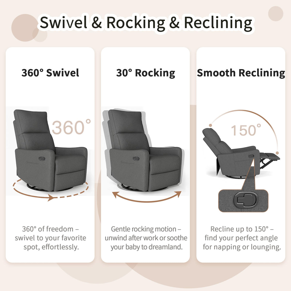 Dark Gray Swivel Rocker Recliner Chair N105