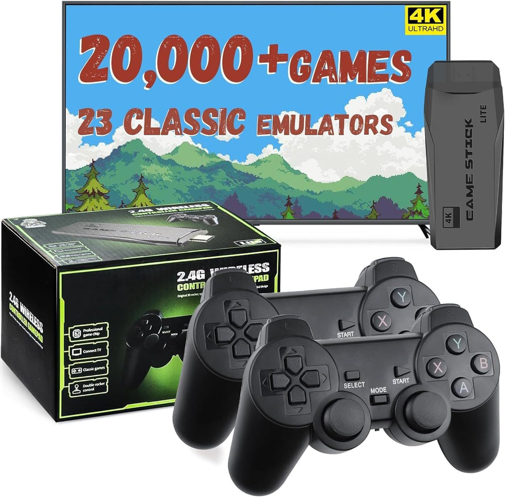 Retro Gaming Console with Dual Wireless Controllers 4K HDMI Output 64GB F7422