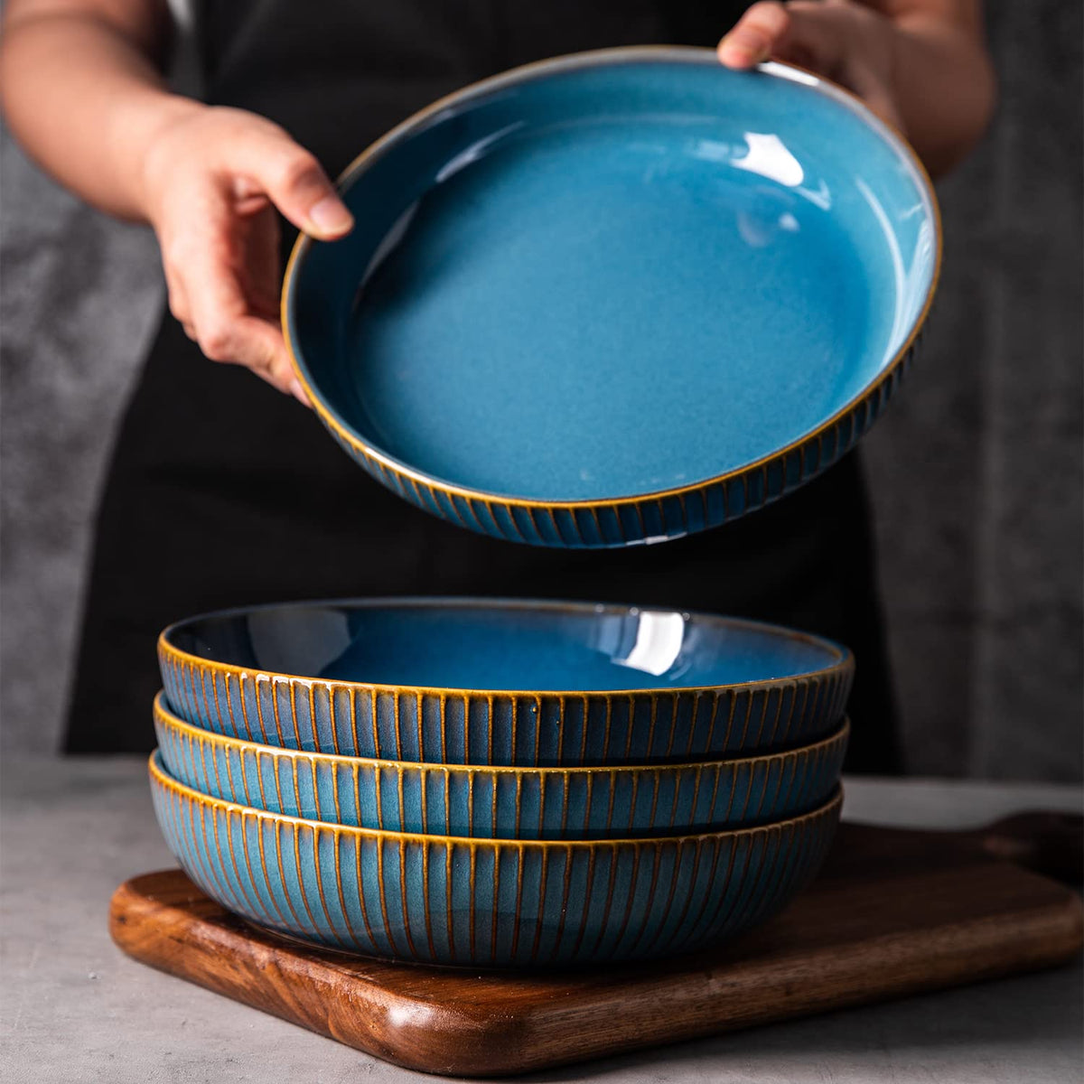 4 Pcs 35 Ounces 8.5 Inch Porcelain Pasta Bowls Blue B333130