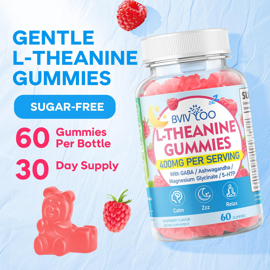 L-Theanine Gummies with Ashwagandha, GABA, 5-HTP, Magnesium Glycinate, Raspberry, 60 Count F83470