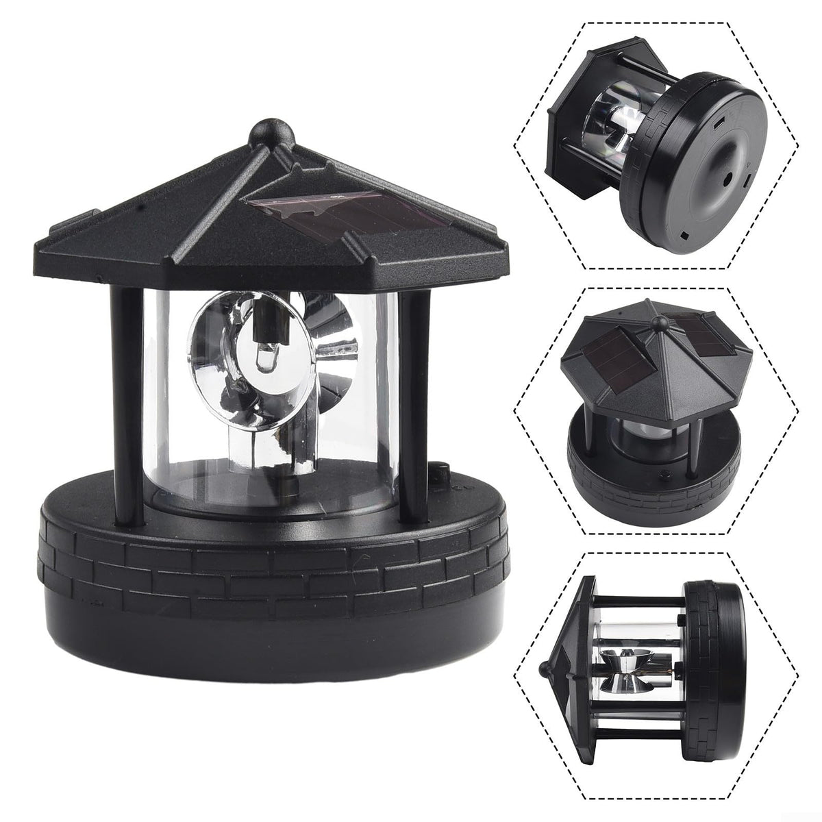 Solar Lighthouse Garden Light Rotatable Shade 360-Degree Outdoor Waterproof Lawn Street Lighting 2 Solar Panels Fast Charging ABS Material White Light Black Red 1pc 11x10x11cm(black) L77268