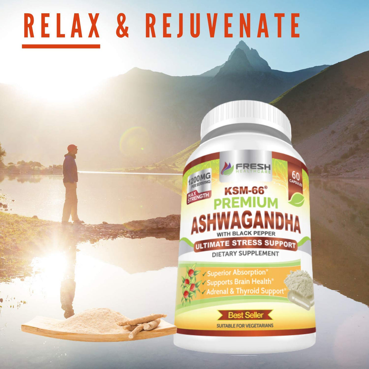 Ashwagandha Capsules 1200mg Root Extract with Black Pepper 60 Vegan Capsules C317