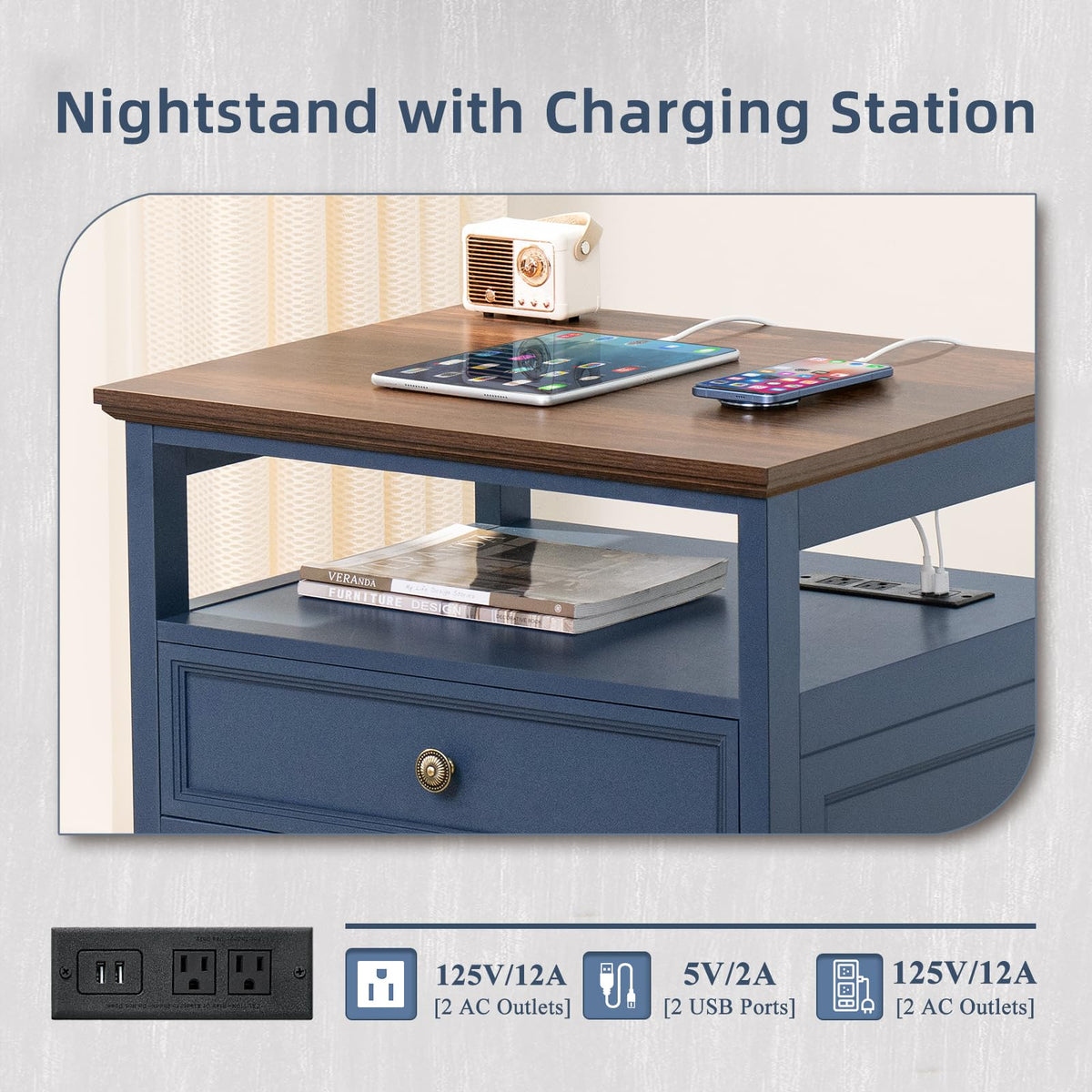 Blue 2 Drawer Wood Nightstand W286348