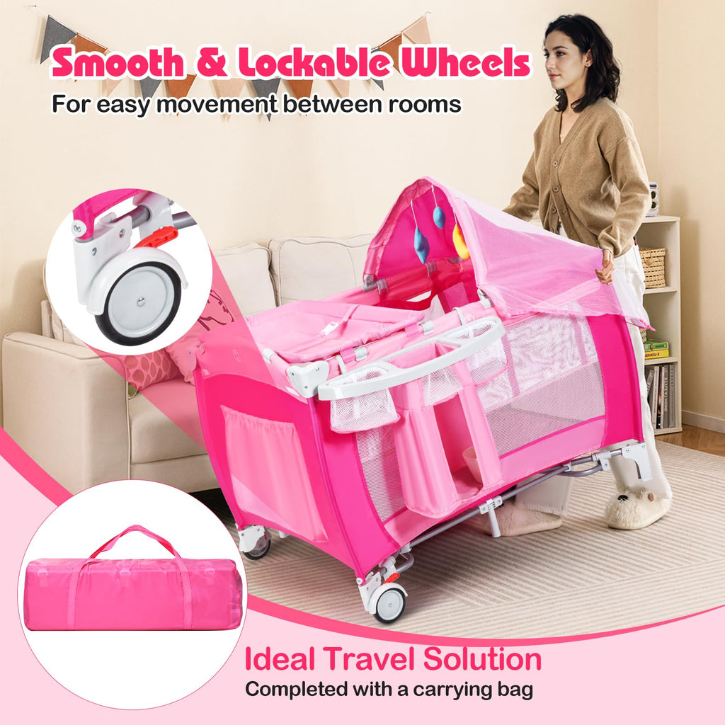 4 in 1 Pack and Play Portable Baby Bassinet Playpen with Diaper Changer Mattress Canopy Storage Rack Toy Bar Music Box Foldable Travel Playard Pink I317311