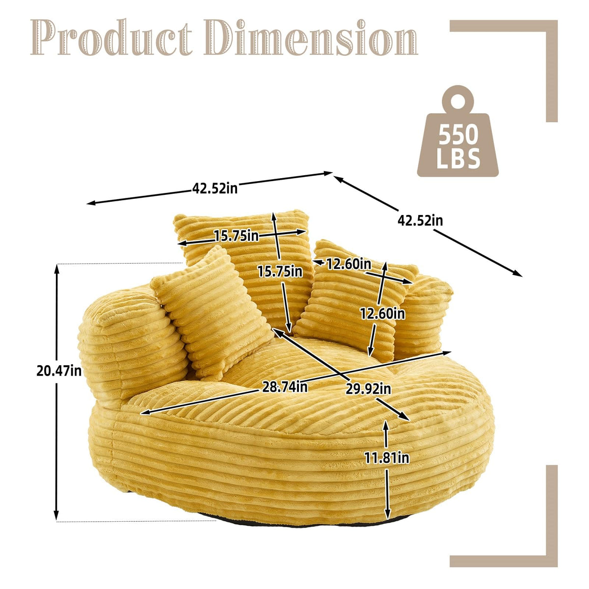 Oversized Corduroy Bean Bag Chair with 3 Pillows V693