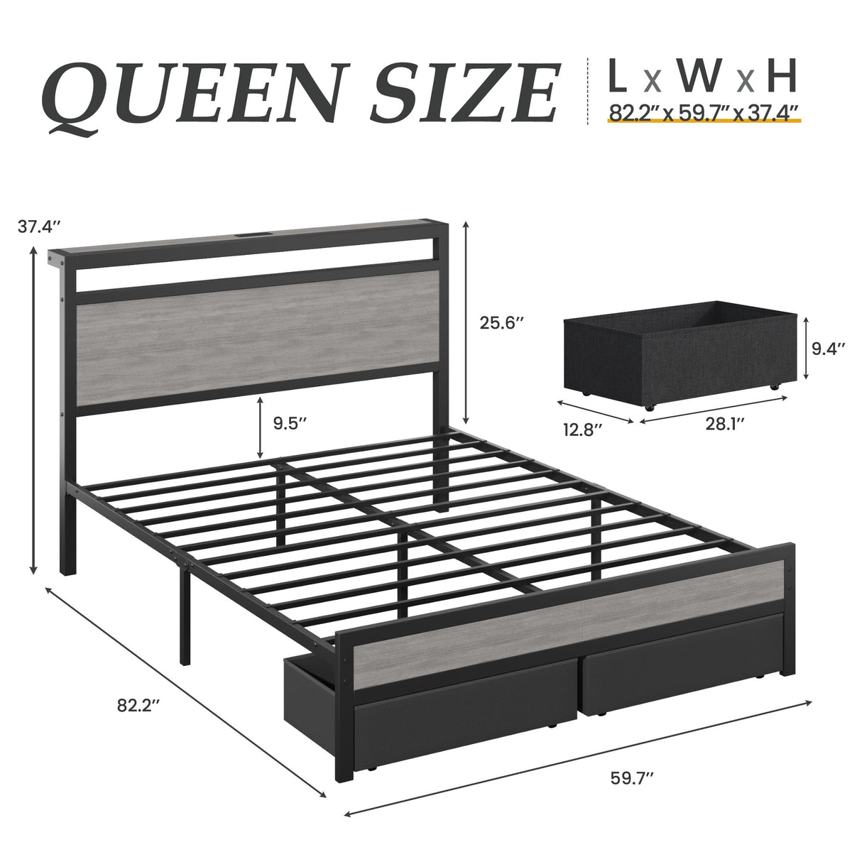 Queen Size Storage Bed Frame with Wood Headboard and LED Lights P442