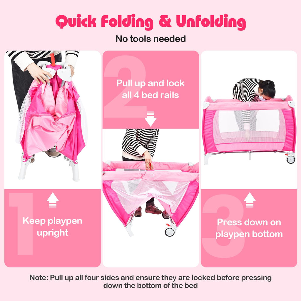 4 in 1 Pack and Play Portable Baby Bassinet Playpen with Diaper Changer Mattress Canopy Storage Rack Toy Bar Music Box Foldable Travel Playard Pink I317311