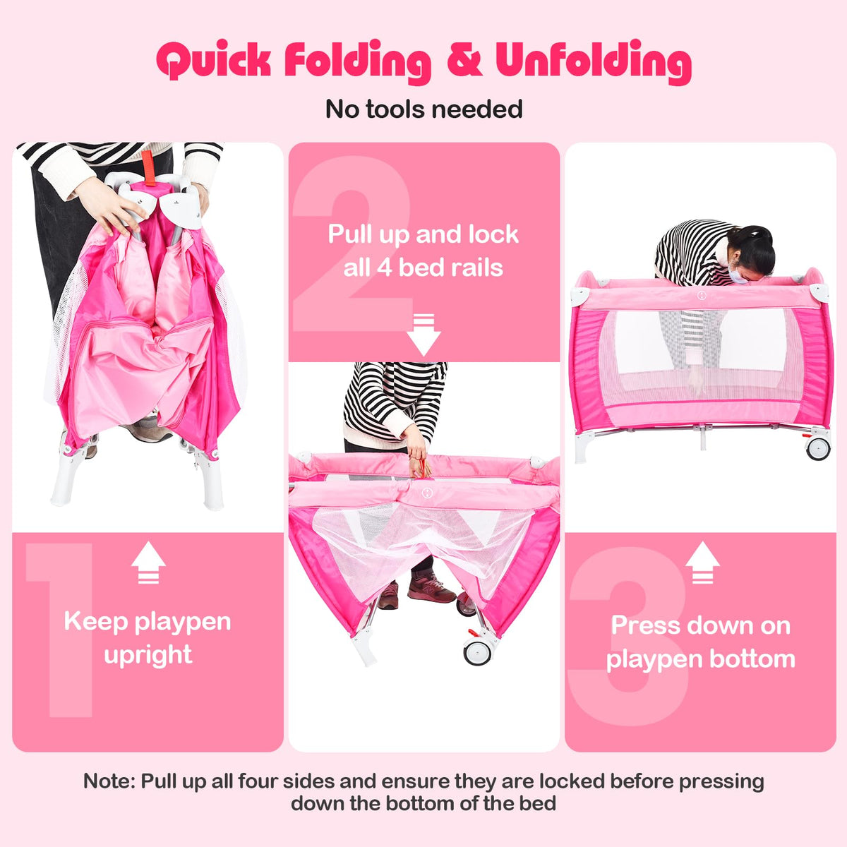 4 in 1 Pack and Play Portable Baby Bassinet Playpen with Diaper Changer Mattress Canopy Storage Rack Toy Bar Music Box Foldable Travel Playard Pink I317311