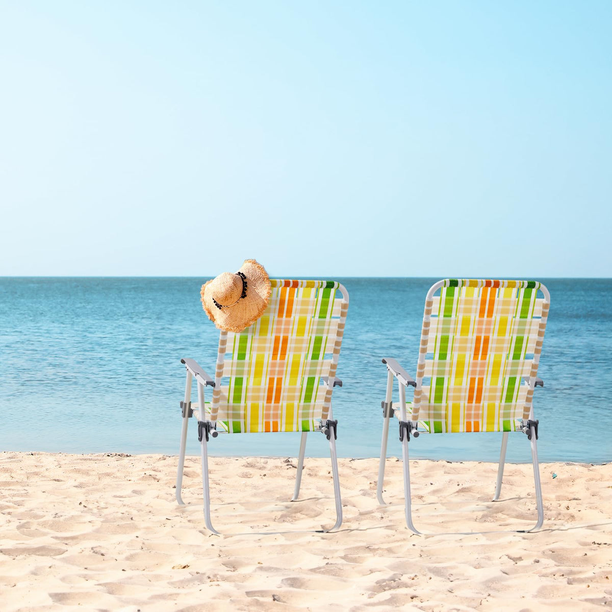 Set of 2 Webbed Folding Beach Chairs Yellow & Green S9444