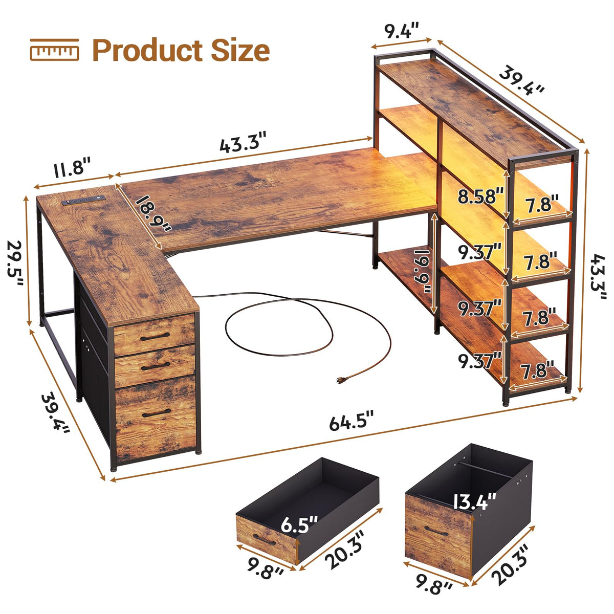 64.5" Reversible L Shaped Office Desk with Storage Drawers F619270