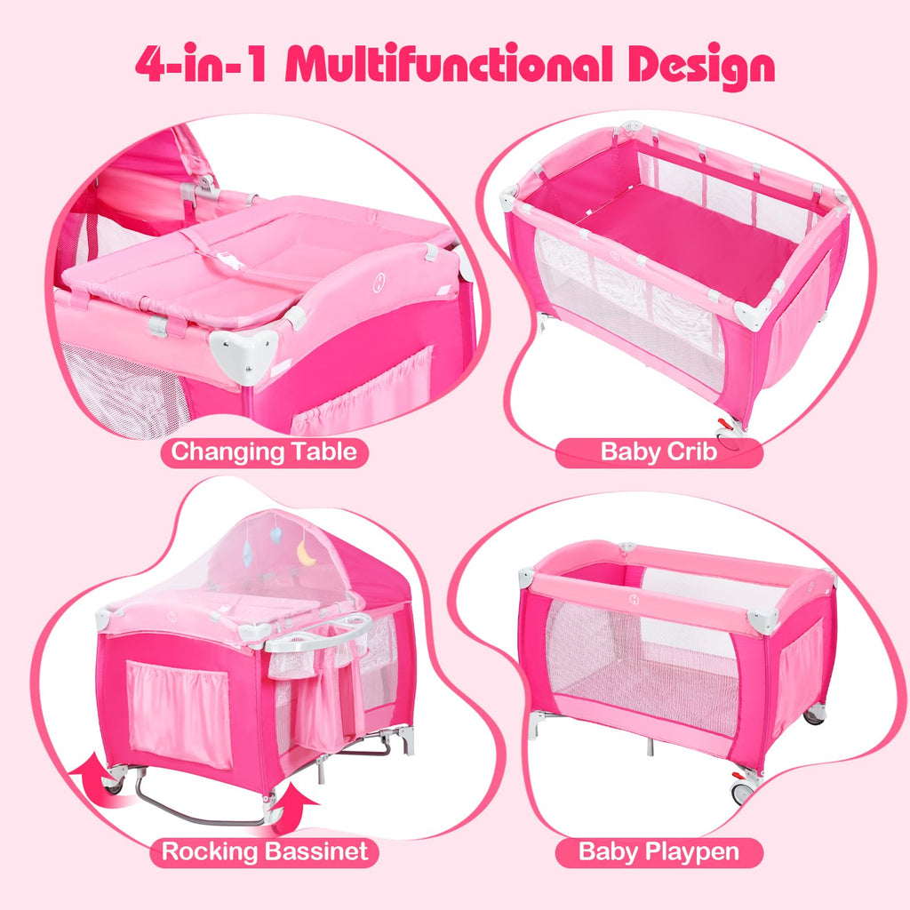 4 in 1 Pack and Play Portable Baby Bassinet Playpen with Diaper Changer Mattress Canopy Storage Rack Toy Bar Music Box Foldable Travel Playard Pink I317311