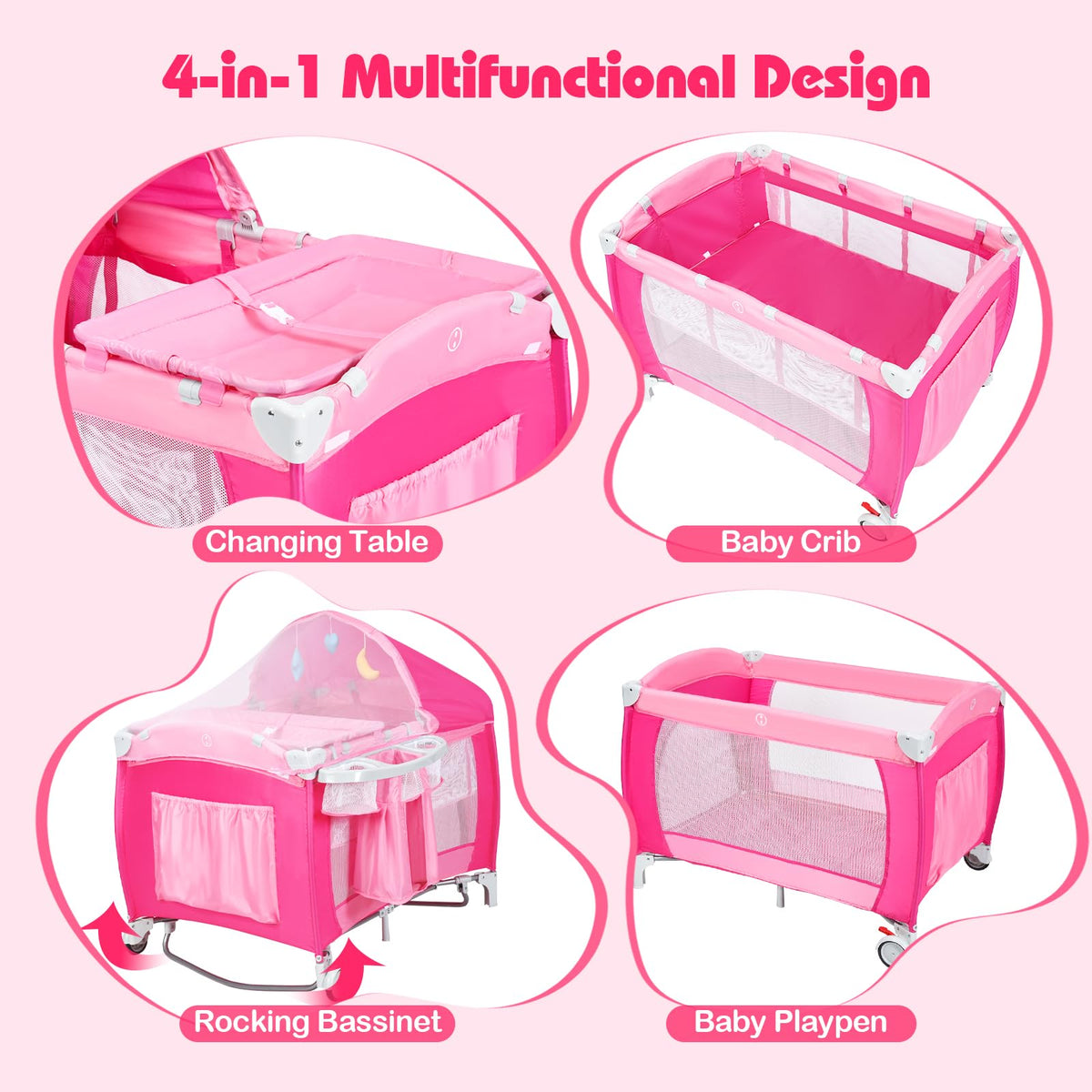 4 in 1 Pack and Play Portable Baby Bassinet Playpen with Diaper Changer Mattress Canopy Storage Rack Toy Bar Music Box Foldable Travel Playard Pink I317311
