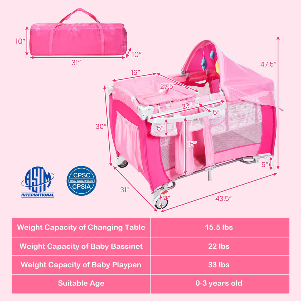 4 in 1 Pack and Play Portable Baby Bassinet Playpen with Diaper Changer Mattress Canopy Storage Rack Toy Bar Music Box Foldable Travel Playard Pink I317311