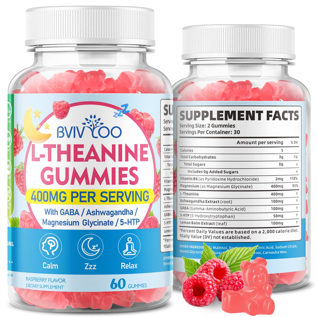 L-Theanine Gummies with Ashwagandha, GABA, 5-HTP, Magnesium Glycinate, Raspberry, 60 Count F83470