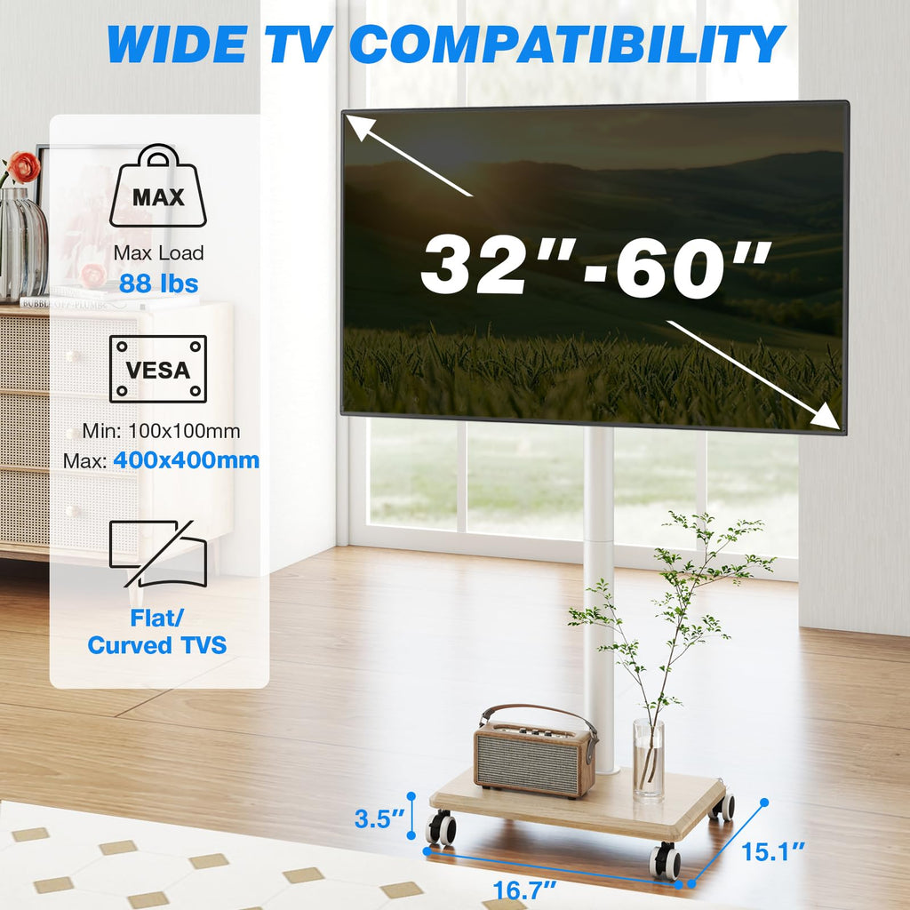 Rolling TV Stand for 32 to 60 Inch TV White Wood Base L8770