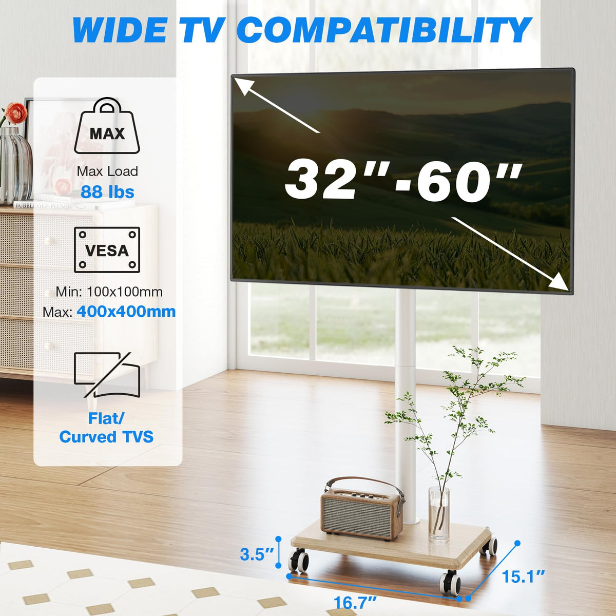 Rolling TV Stand for 32 to 60 Inch TV White Wood Base L8770
