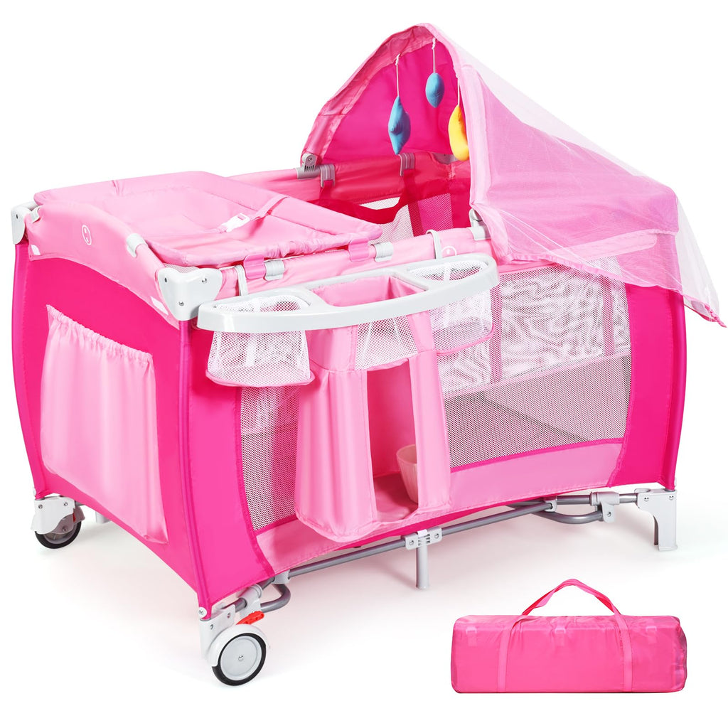 4 in 1 Pack and Play Portable Baby Bassinet Playpen with Diaper Changer Mattress Canopy Storage Rack Toy Bar Music Box Foldable Travel Playard Pink I317311
