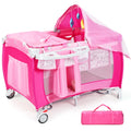 4 in 1 Pack and Play Portable Baby Bassinet Playpen with Diaper Changer Mattress Canopy Storage Rack Toy Bar Music Box Foldable Travel Playard Pink I317311