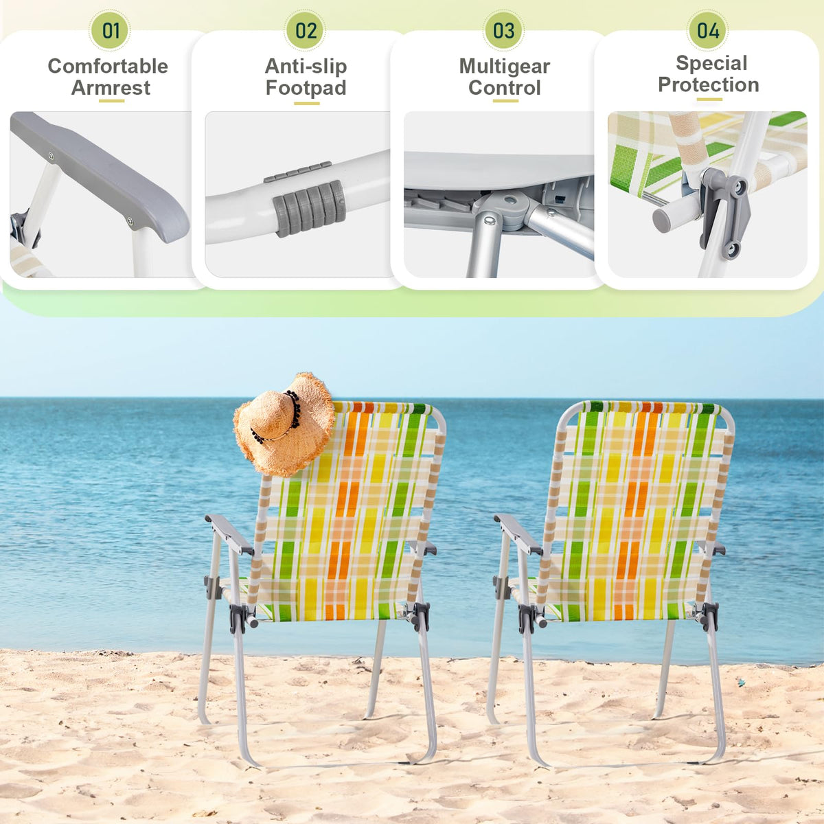 Set of 2 Webbed Folding Beach Chairs Yellow & Green S9444