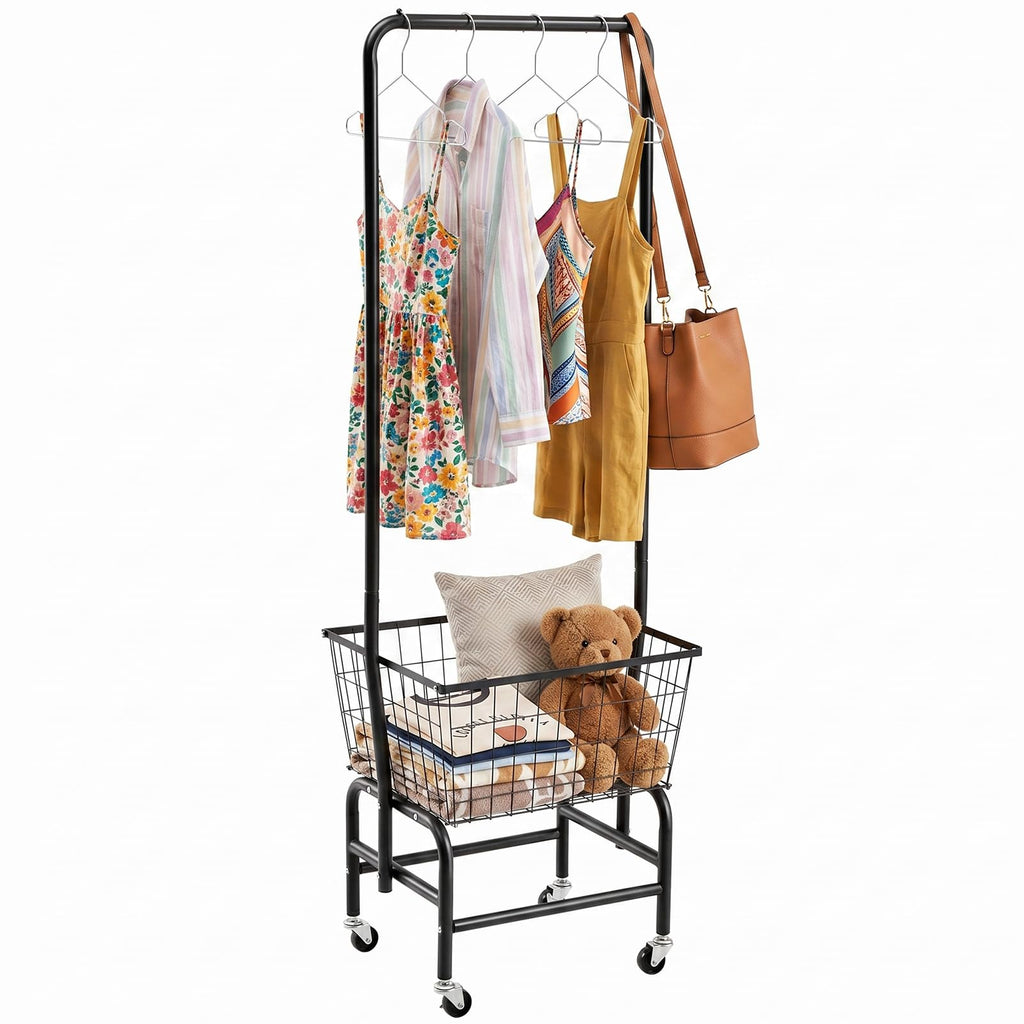 Black Rolling Laundry Cart with Hanging Rack U220