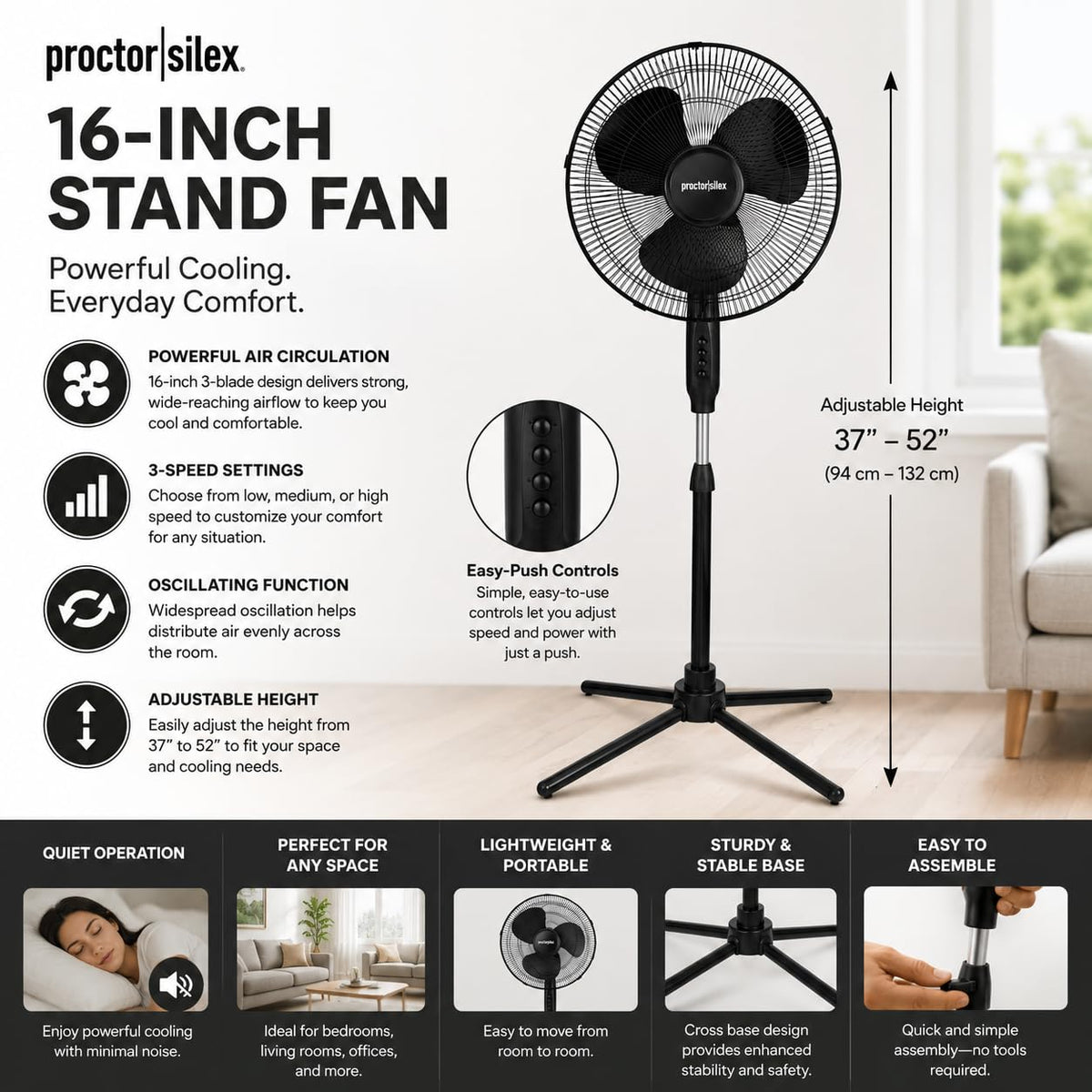 16-Inch 3-Speed Oscillating Pedestal Fan V9481