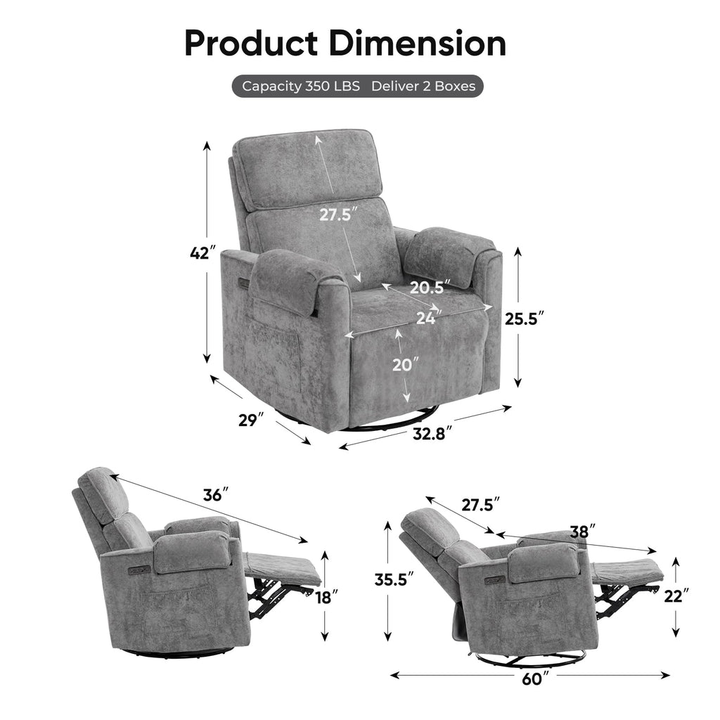 Oversized Chenille Swivel Rocker Recliner Chair with USB Ports R73374