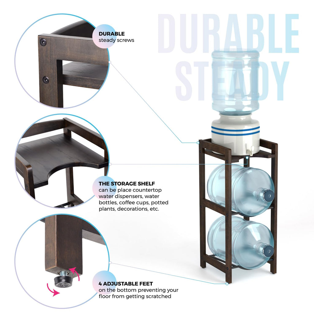 5 Gallon Water Jug Holder with Top Shelves, 3-Tiers Solid Wood Water Dispenser Stand S351
