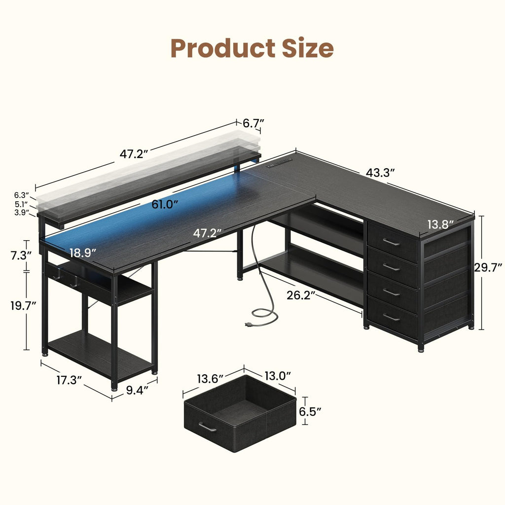 61 Inch L Shaped Computer Desk with 4 Drawers X73599