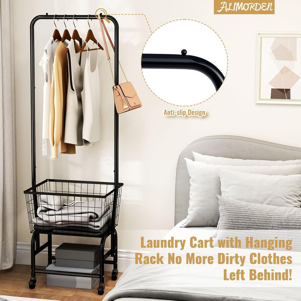 Black Rolling Laundry Cart with Hanging Rack U220