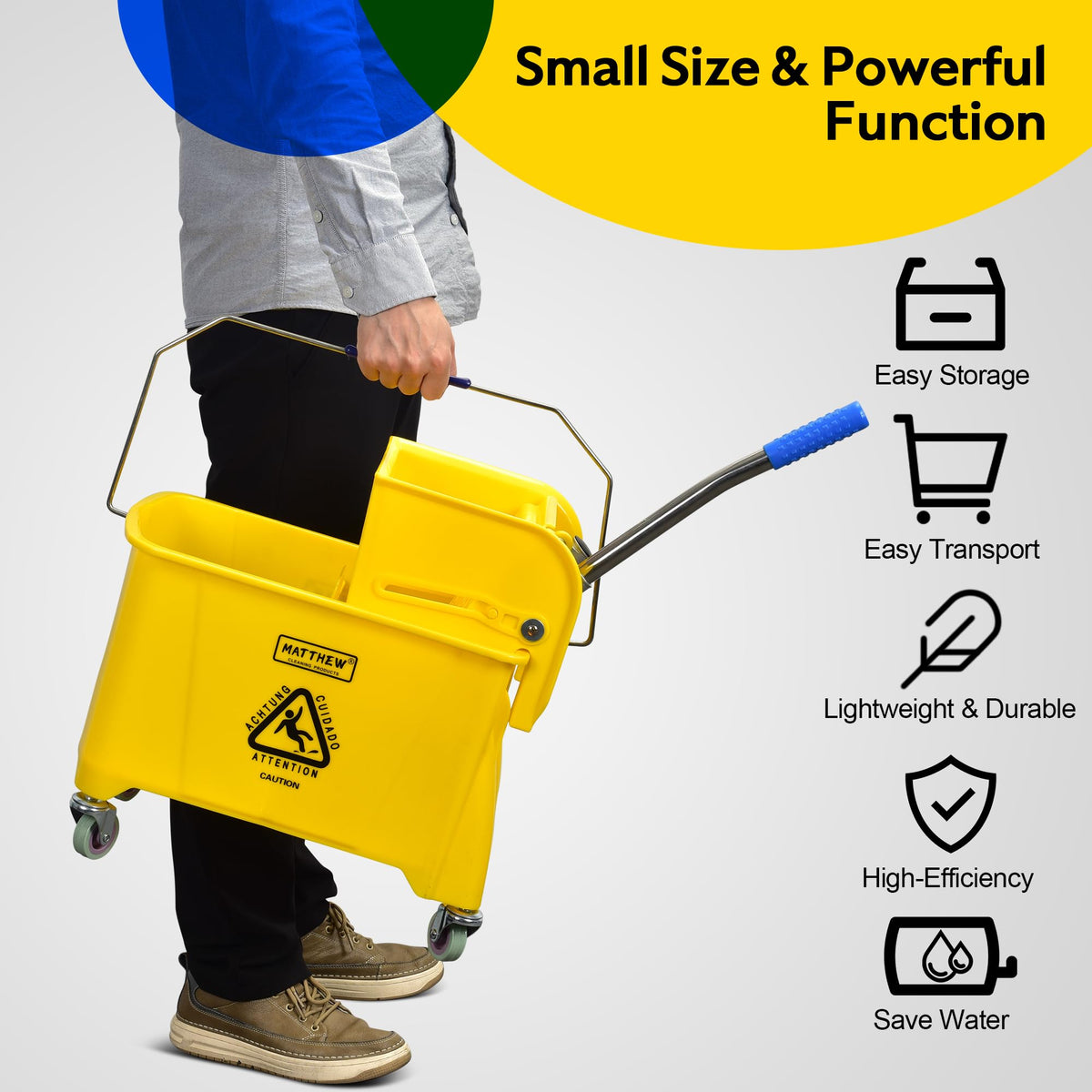22 Quart Compact Mop Bucket with Side Press Wringer On Wheels R2626