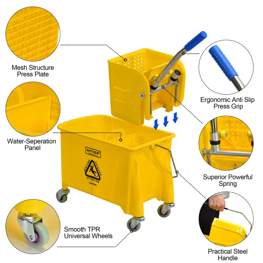 22 Quart Compact Mop Bucket with Side Press Wringer On Wheels R2626