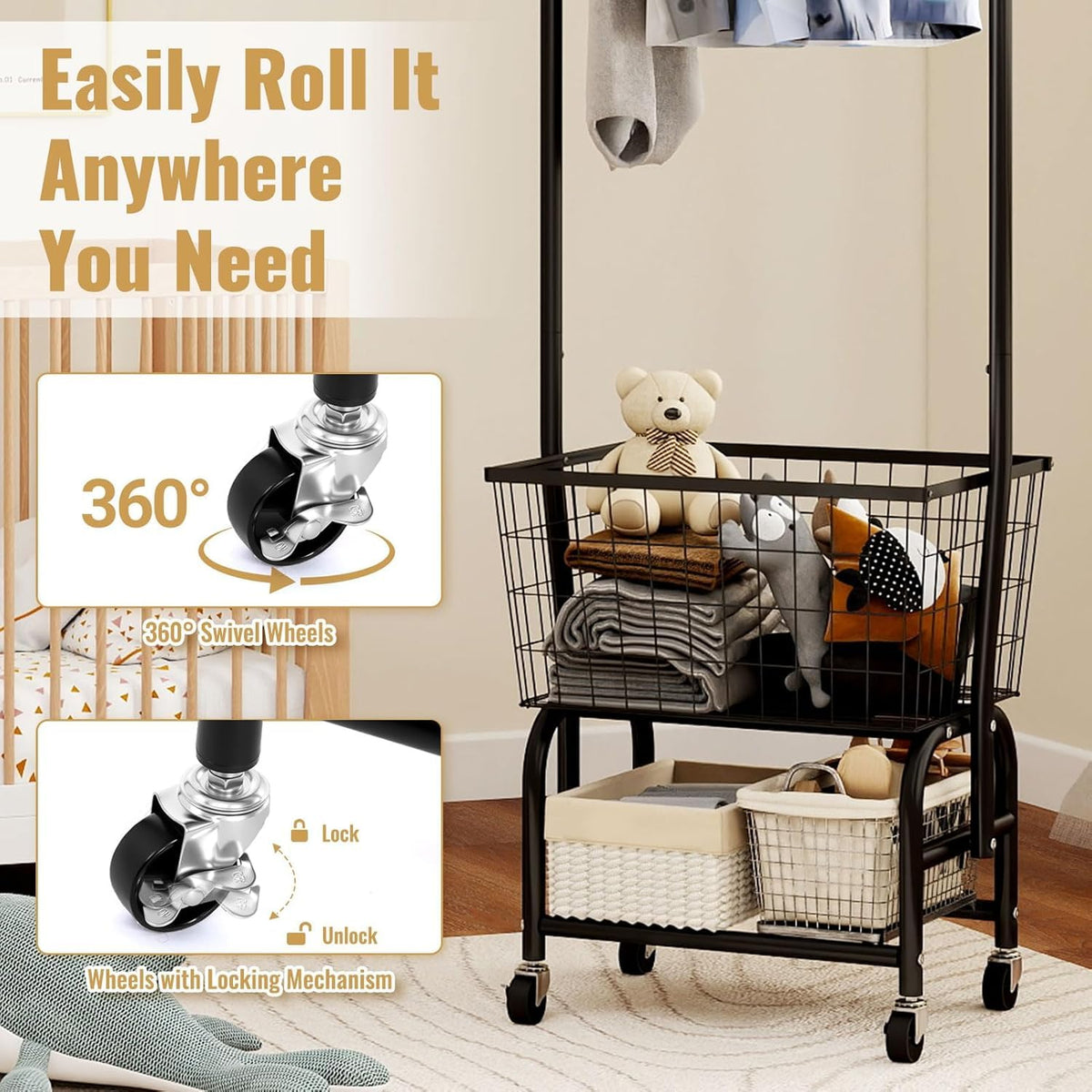 Black Rolling Laundry Cart with Hanging Rack U220