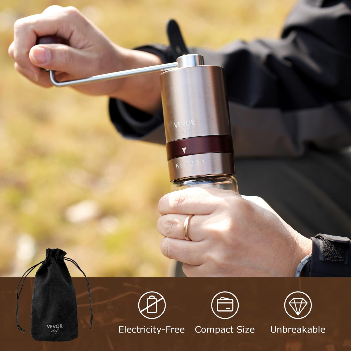 Gold Manual Stainless Steel Burr Coffee Grinder with Portable Bag X3491