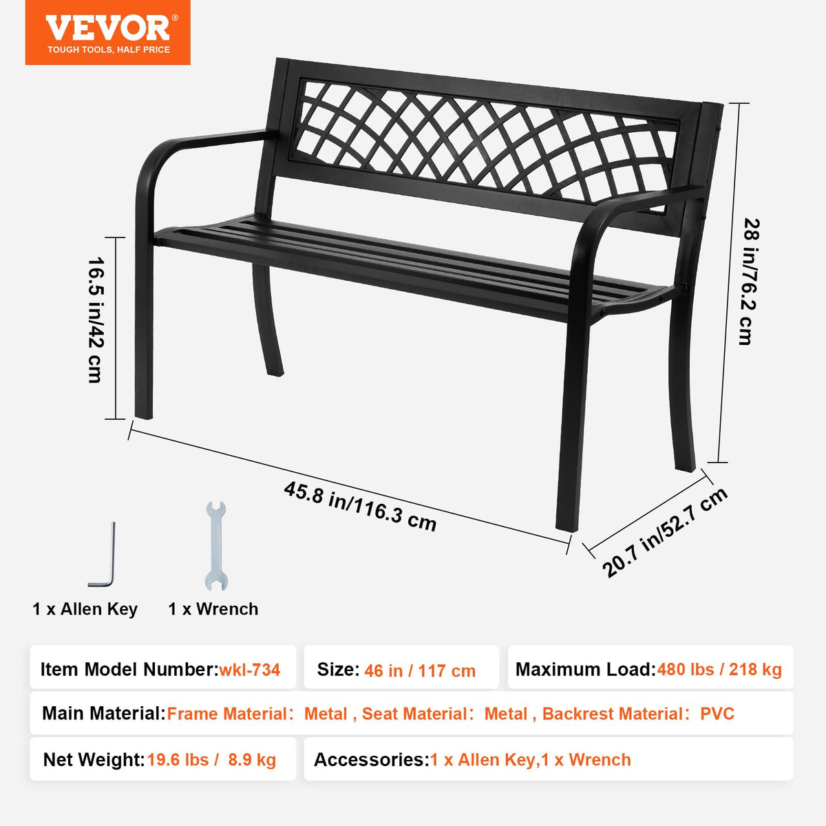 46" Iron Steel Frame Garden Bench with Mesh Pattern and Plastic Backrest S2906