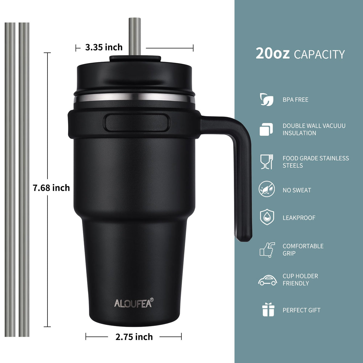 20 oz Insulated Travel Coffee Mug Tumbler with Handle and Straw E278652