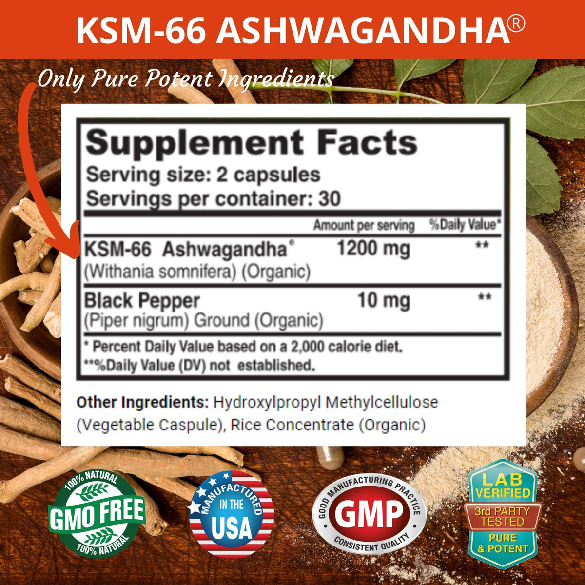 Ashwagandha Capsules 1200mg Root Extract with Black Pepper 60 Vegan Capsules C317