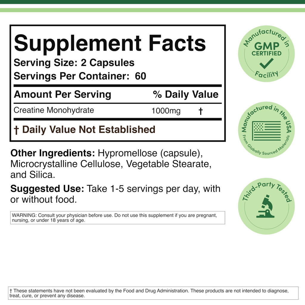 Creatine Monohydrate Capsules 1,000mg Vegan 120 Capsules P251323