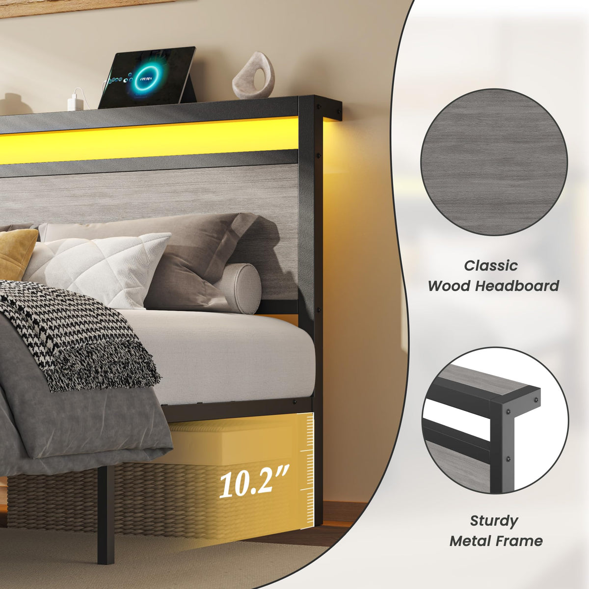 Queen Size Storage Bed Frame with Wood Headboard and LED Lights P442