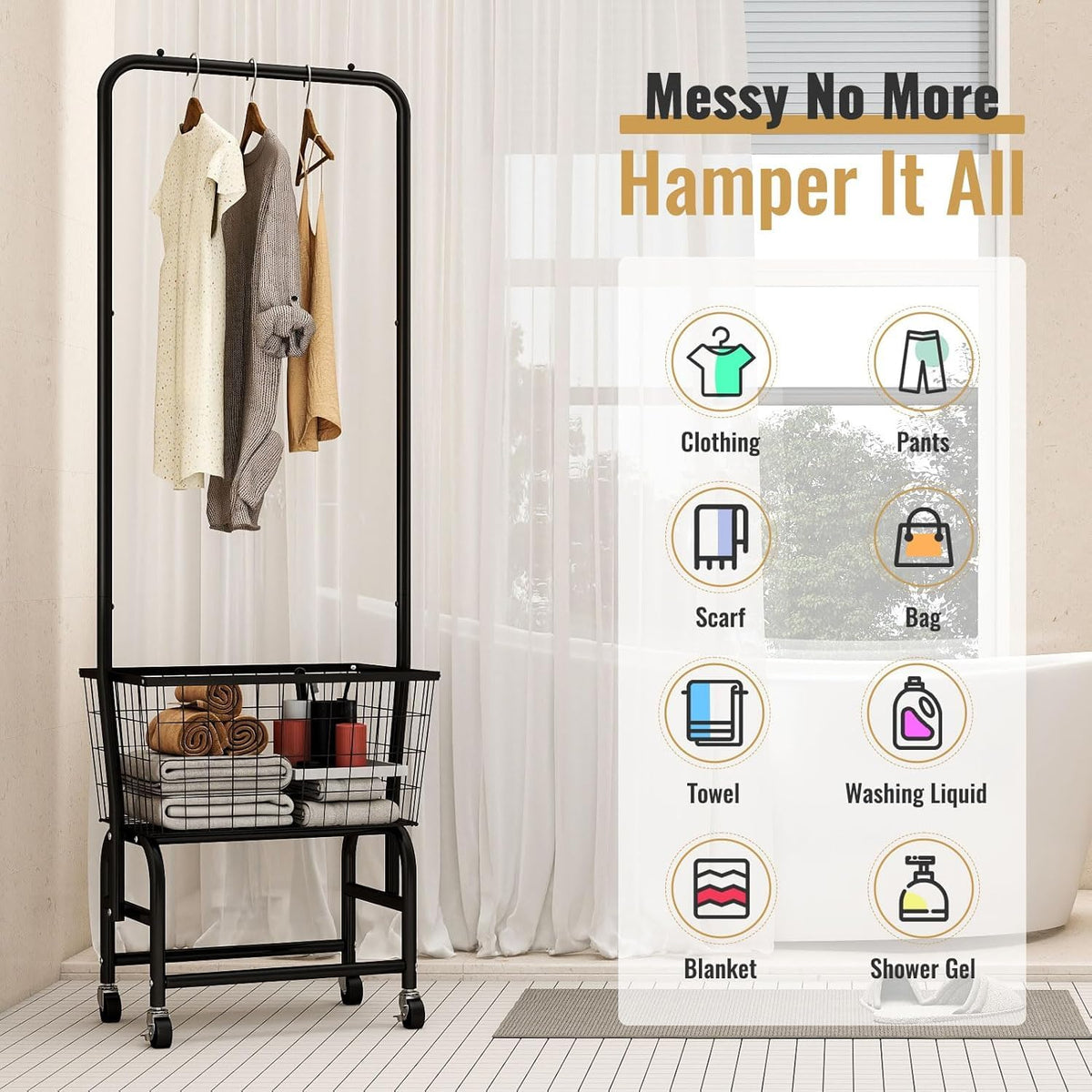 Black Rolling Laundry Cart with Hanging Rack U220