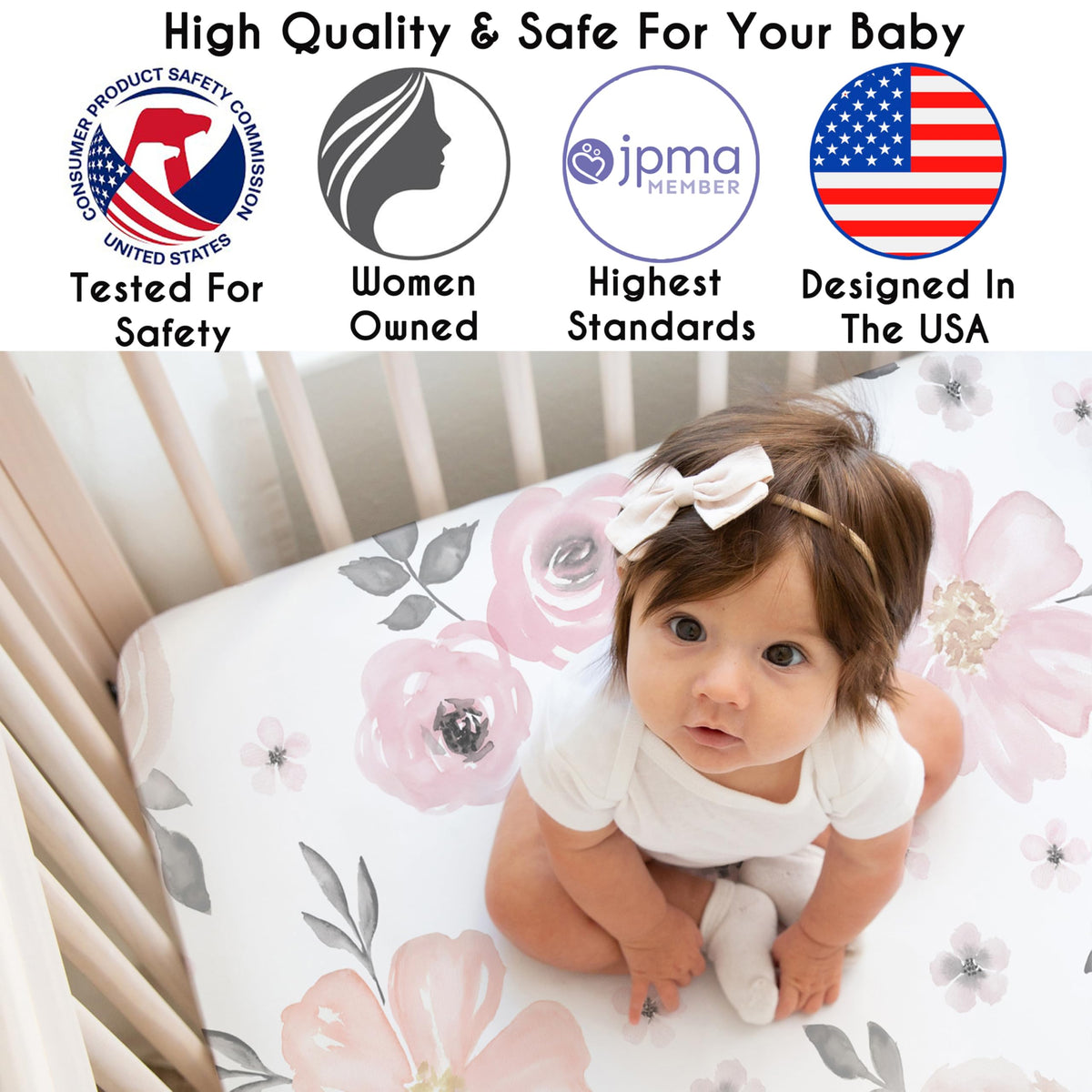 3-Piece Baby Crib Sheets Set Pink Floral Fitted Standard Size E286