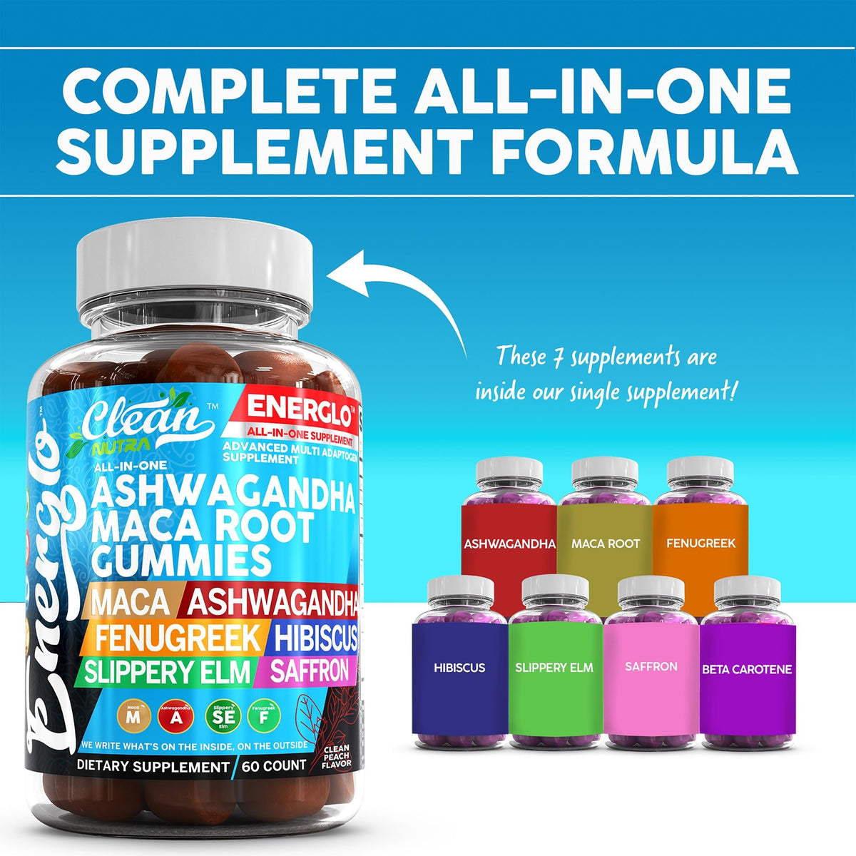 Ashwagandha Maca Root Gummies with Fenugreek Hibiscus Slippery Elm Saffron Extract & Beta Carotene Peach Flavor Vegan Gummy Vitamins E8534
