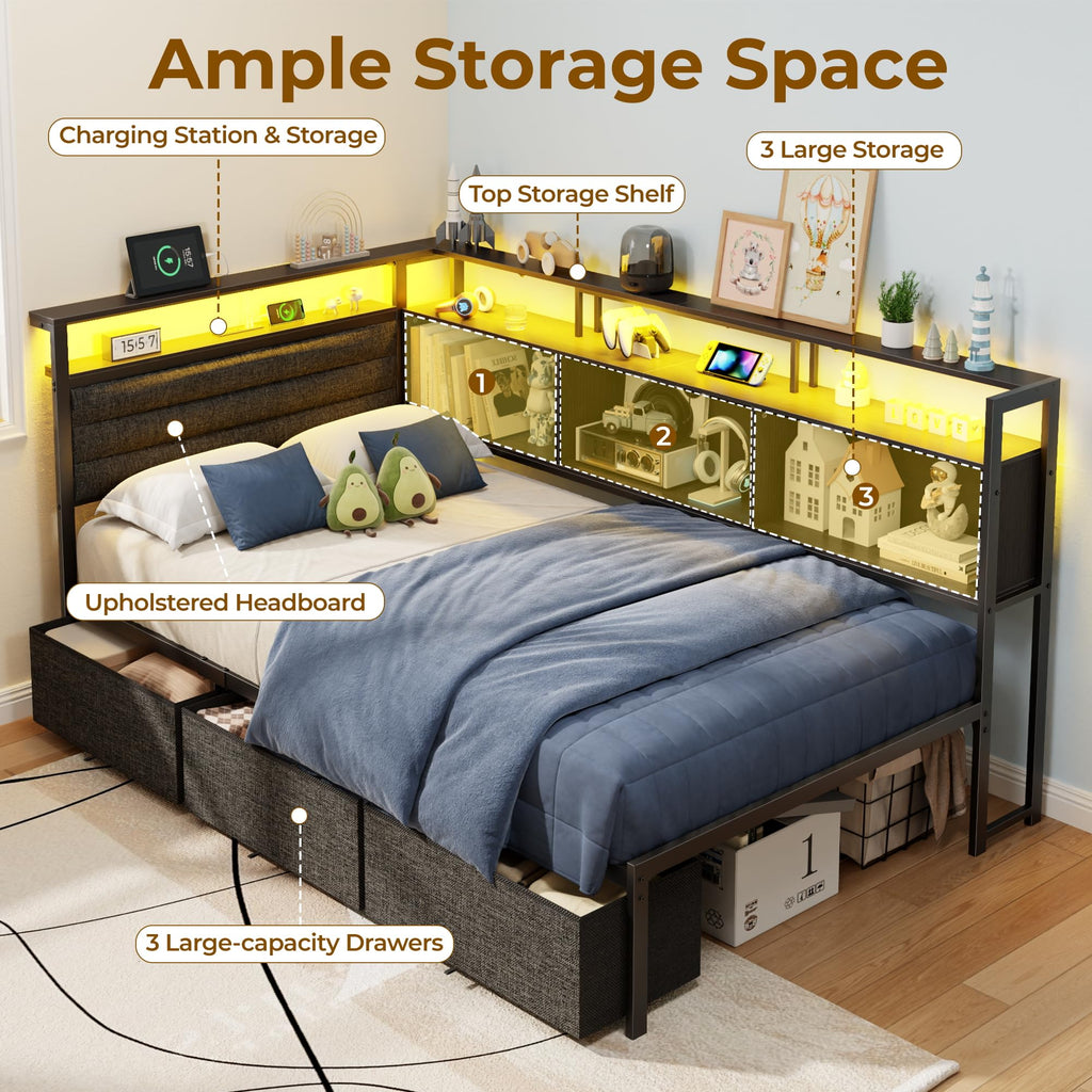 Twin Corner Bed Frame with Upholstered Headboard, 3 Storage Drawers D611248
