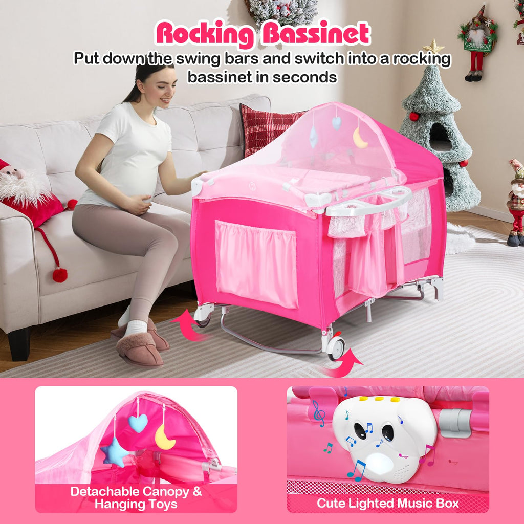 4 in 1 Pack and Play Portable Baby Bassinet Playpen with Diaper Changer Mattress Canopy Storage Rack Toy Bar Music Box Foldable Travel Playard Pink I317311