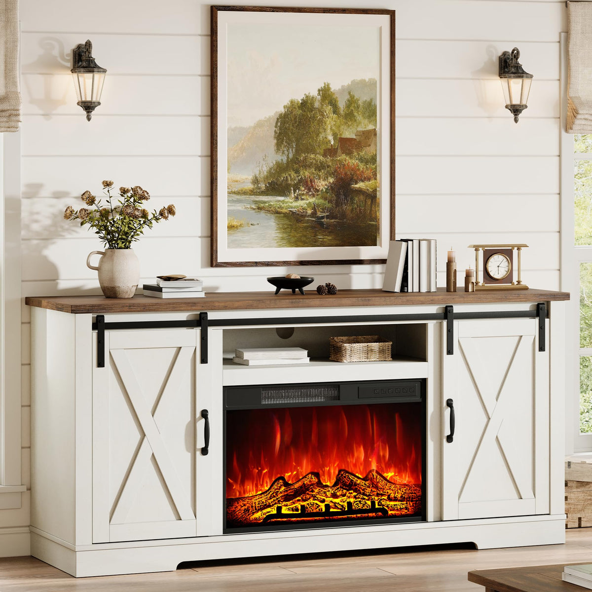 Fireplace TV Stand with Sliding Barn Door F36218