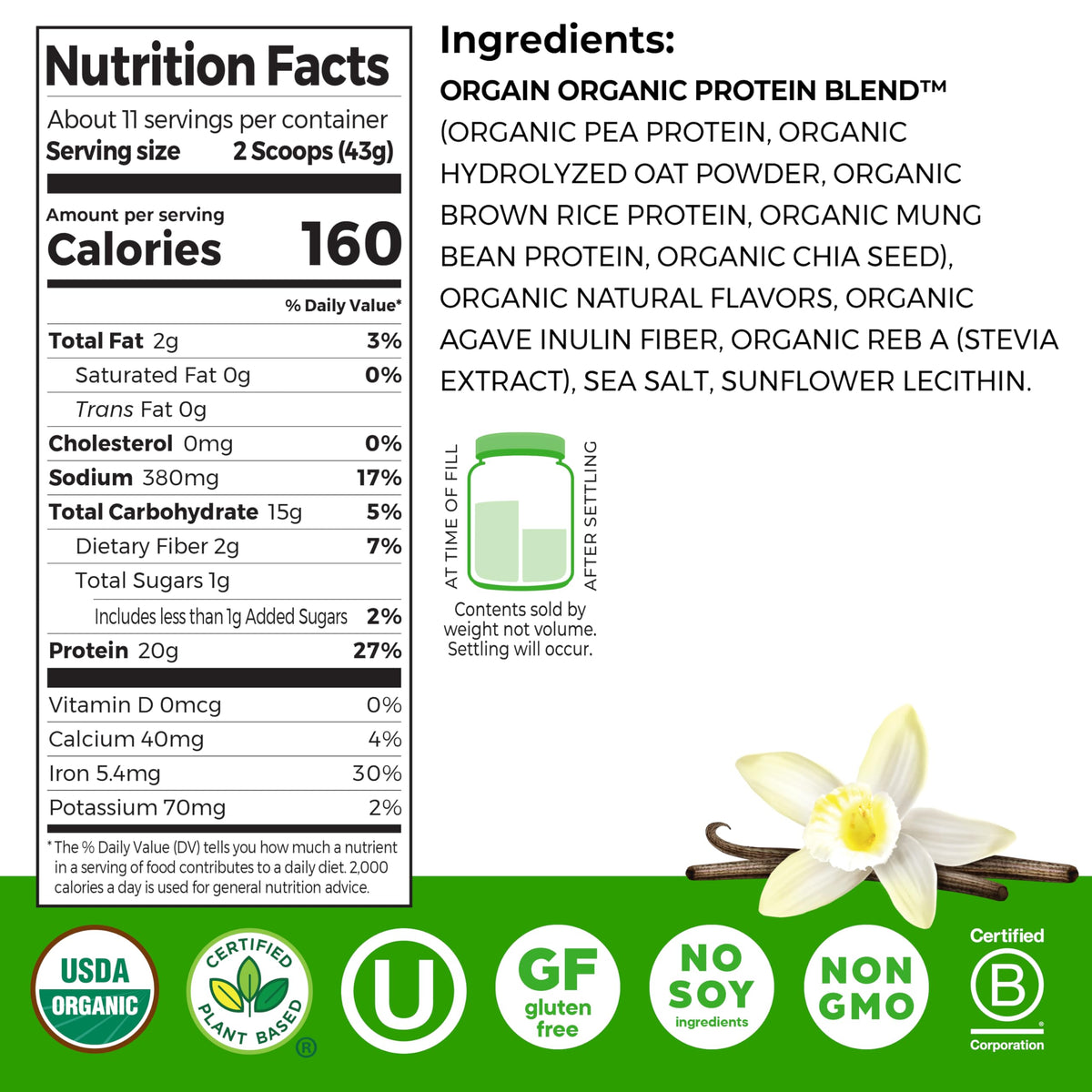 Organic Vegan Protein Powder + Oat Milk, Vanilla Bean, 20g Plant Based Protein, 1.05lb J6826