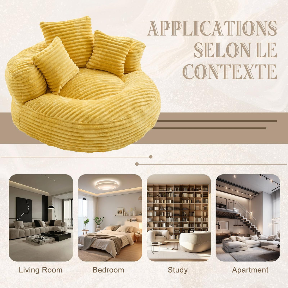Oversized Corduroy Bean Bag Chair with 3 Pillows V693