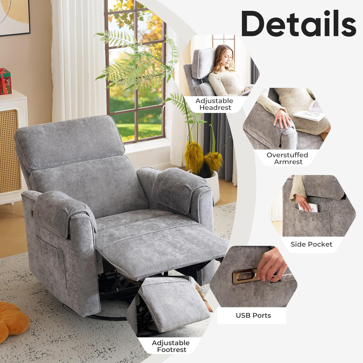 Oversized Chenille Swivel Rocker Recliner Chair with USB Ports R73374